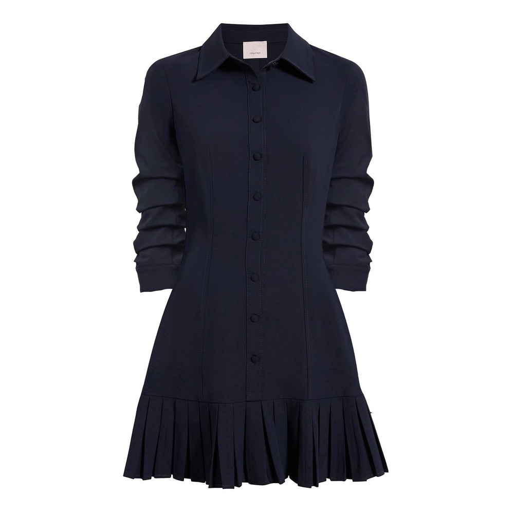 Cinq a Sept Lucilla Dress Navy Blue Pleated Ruffle Ruched Sleeve Mini NWT Size 8 - Picture 1 of 7